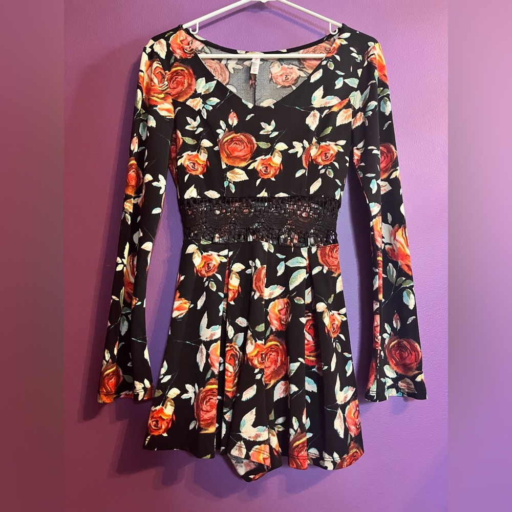 Floral Long Sleeve Romper with Lace Detail